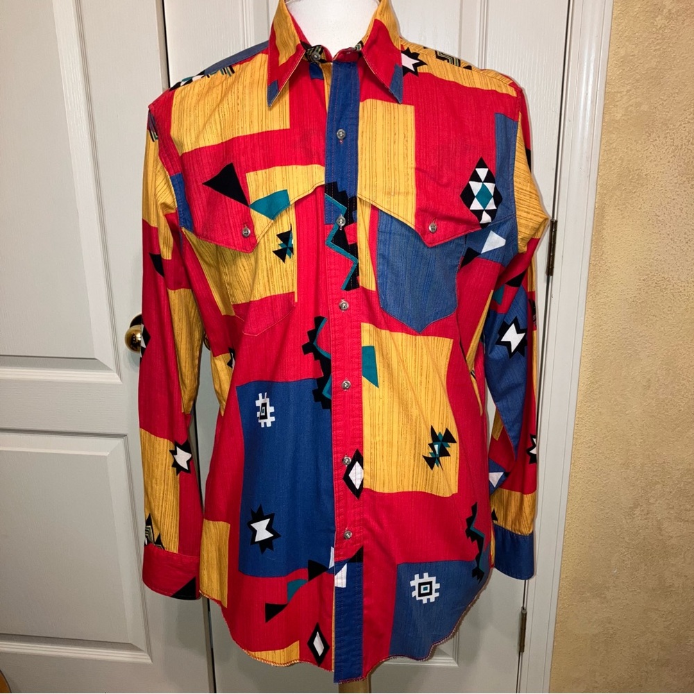 Vtg! WRANGLER Western Shirt AZTEC Southwestern COWBOY CUT X-Long Tails 16.5-35
